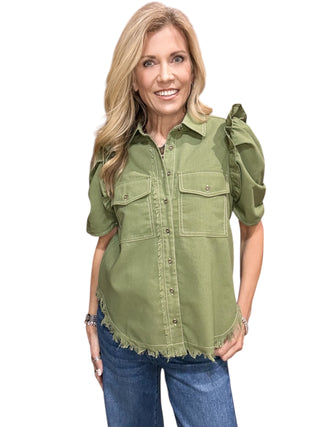 Olive Ruffled sleeve Top