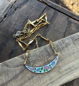 Pink & Blue Enamel Floral Bib Style Necklace