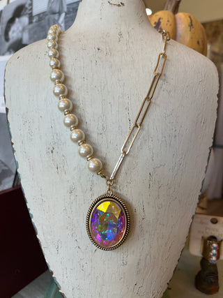 Oval Rhinestone & Pearl Necklace