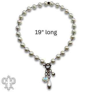 Linked glass pearl necklace with bead charms