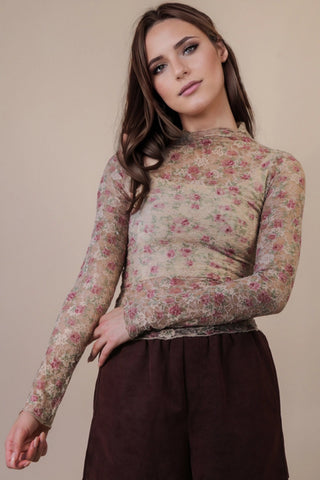 Beige Floral Mesh Lace Top