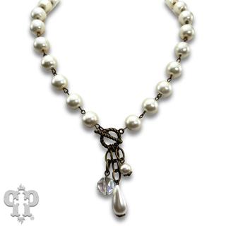 Linked glass pearl necklace with bead charms