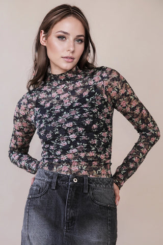 Black Floral Mesh Lace Top