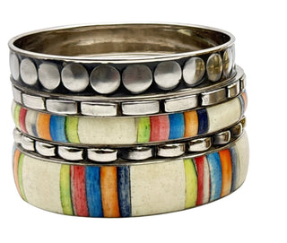 Bone Striped Brass Studded Stacked Bangle Set