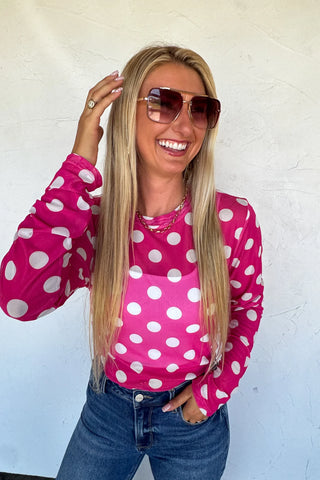 Pink Polka Dot Mesh Top