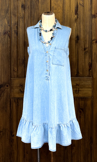 Chambray Ruffle Bottom Dress