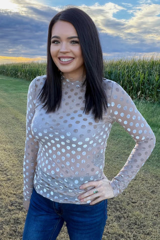 Champagne Velvet Dot Mesh Top