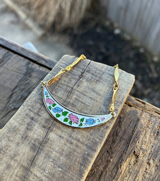 Pink & Blue Enamel Floral Bib Style Necklace