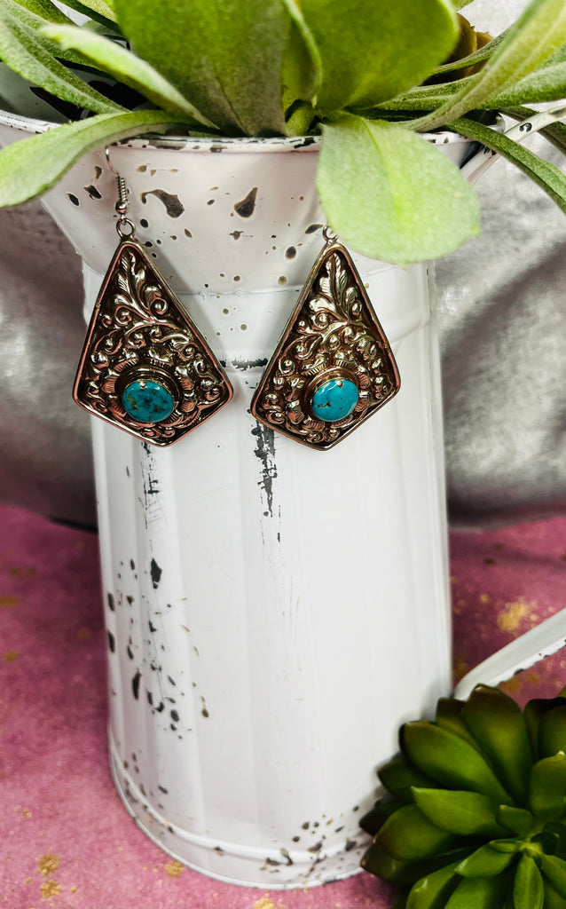 Diamond Tooled Turquoise Earrings
