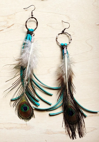 Turquoise Leather Peacock Earrings